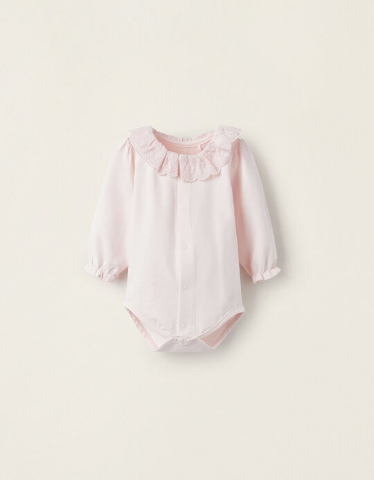 Cotton Bodysuit with English Embroidery for Newborn Girls, Pink