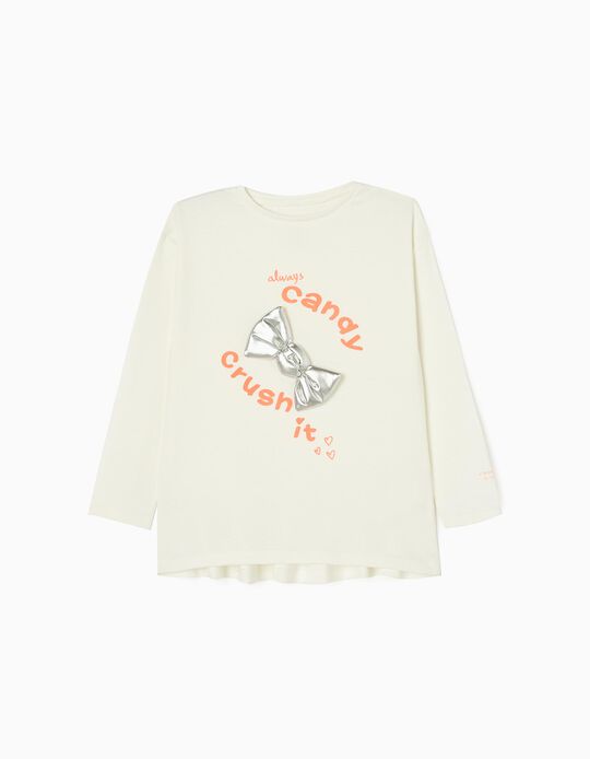 Camiseta de Manga Larga de Algodón para Niña 'Caramelo', Blanca