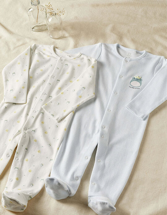 2-Pack Cotton Sleepsuits for Newborn Baby Boys 'Frog', White/Blue