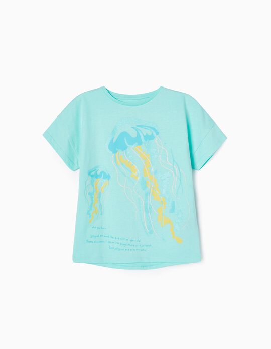 Cotton T-shirt for Girls 'Jellyfish', Aqua Green