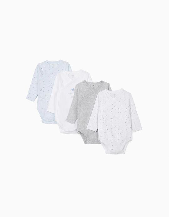 4 Bodysuits for Newborn Baby Boys, 'Stars', Grey/White/Blue