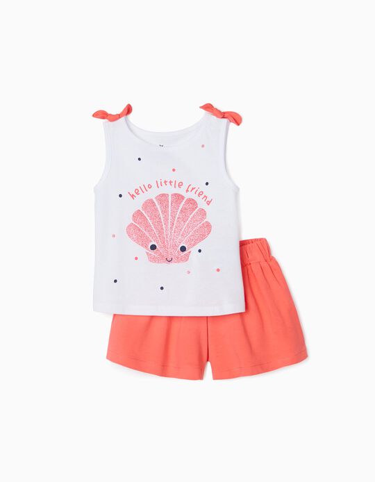 Camiseta + Short para Bebé Niña 'Sea Shell', Blanco/Coral