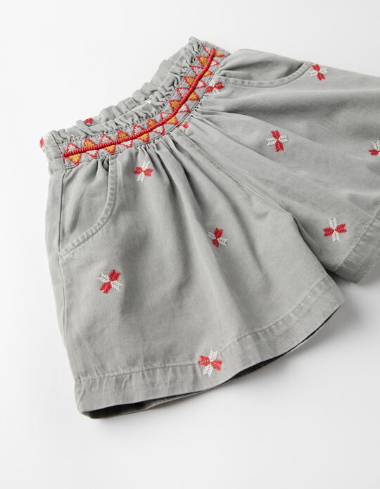 Denim Shorts with Beads and Embroidery for Girls, Grey