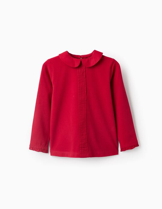 Comprar Online T-shirt com Plissado e Gola Colegial para Menina, Vermelho