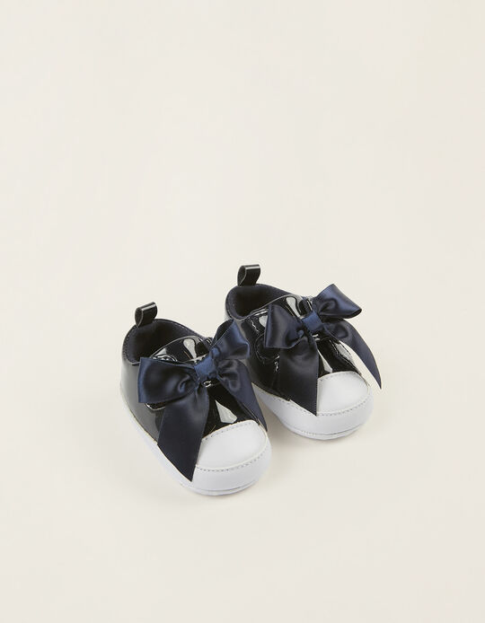 Patent Trainers with Bow for Newborn Baby Girls, Dark Blue