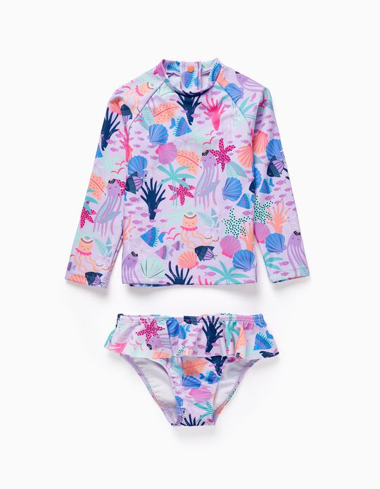 T-shirt + Bikini Bottom UPF80 for Baby Girls 'Ocean', Lilac