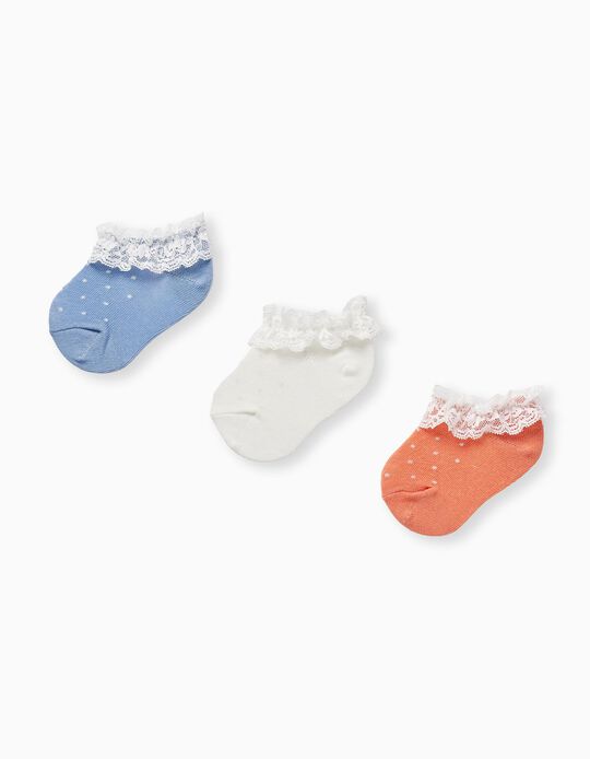 Pack of 3 Pairs of Socks with Lace and Lurex for Baby Girls, Multicolour