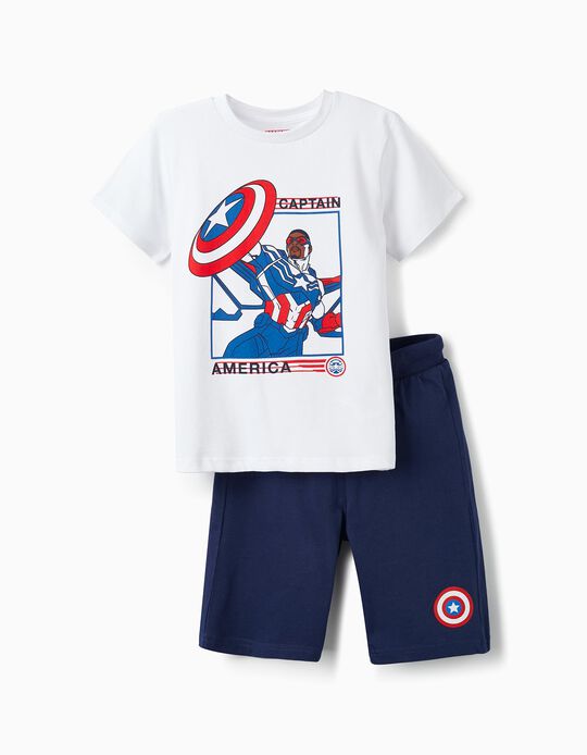 T-Shirt + Shorts for Boys 'Captain America', White/Blue