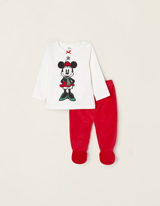 Pijama de Veludo para Bebé Menina 'Minnie', Branco/Vermelho