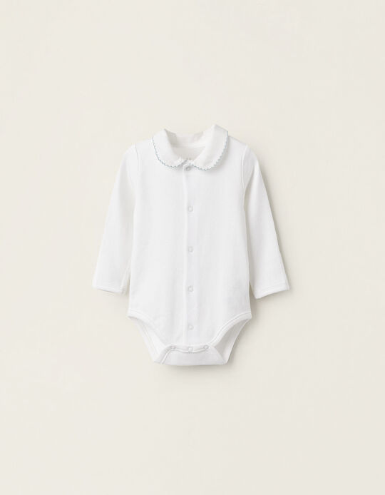 Buy Online Cotton Bodysuit with Collar and Trim for Newborn Girls, White