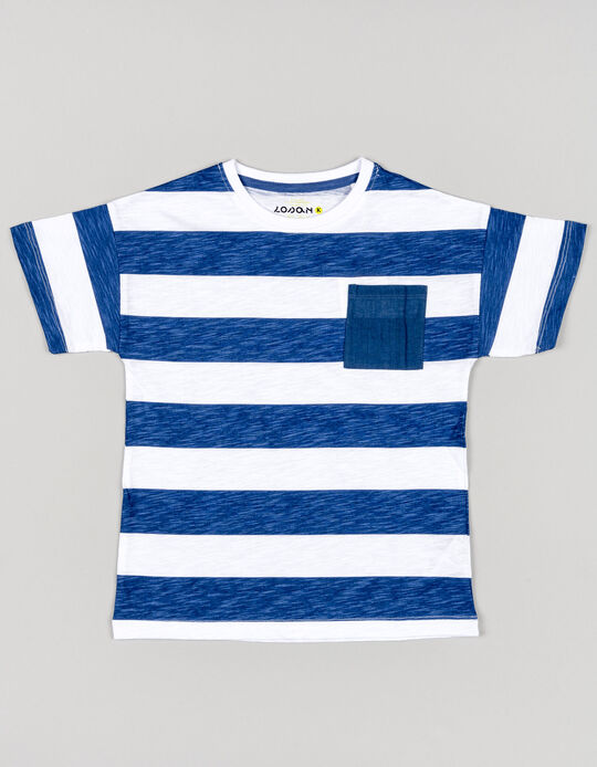 Comprar Online T-shirt de Algodão às Riscas para Menino, Branco/Azul