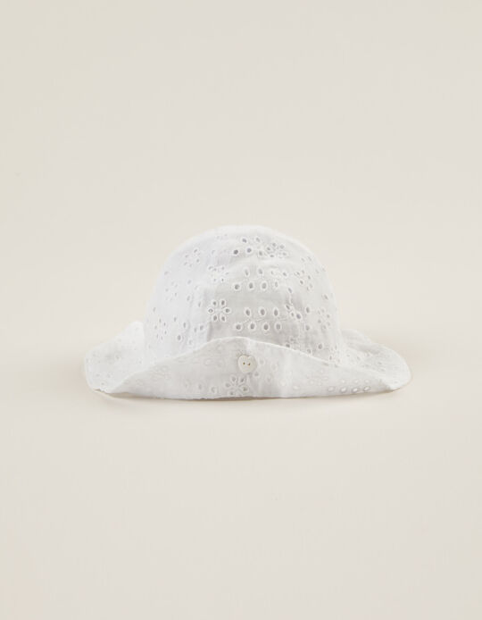 Hat with Broderie Anglaise for Baby Girls, White