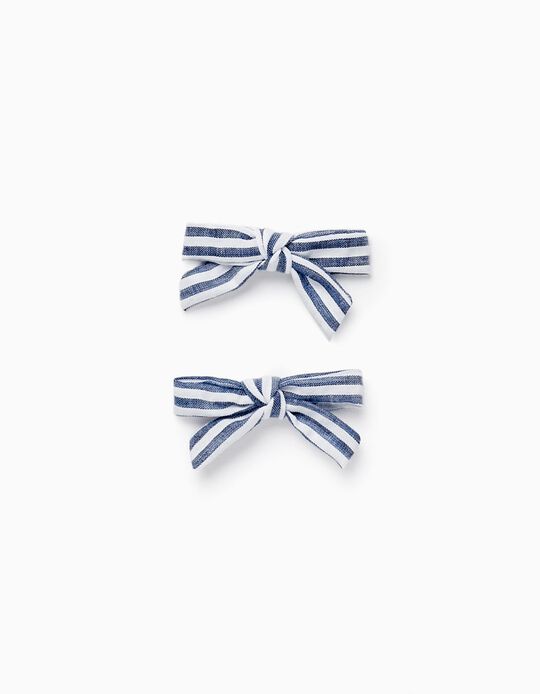Pack 2 Pinces à Cheveux avec Nœuds Rayés pour Bébé et Fille, Blanc/Bleu