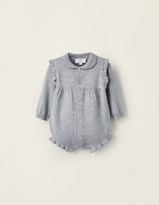 Cashmere Knitted Jumpsuit with Buttons and Ruffles for Newborn Girls, Grey