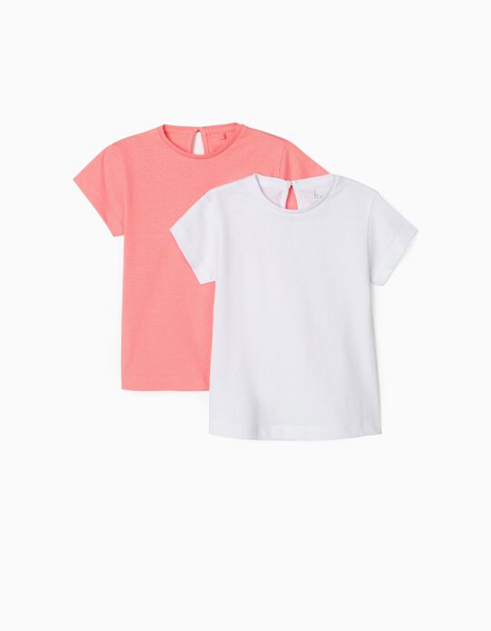 2 T-Shirts for Baby Girls, White/Pink