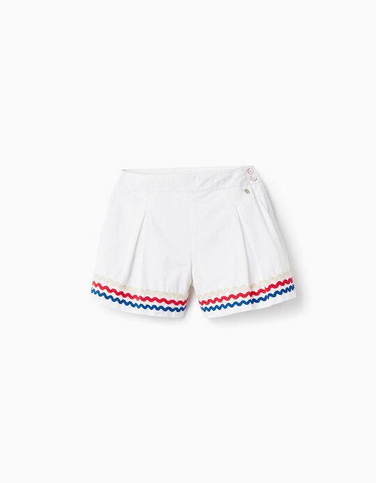 Cotton Shorts with Wavy Stripes for Girls, White