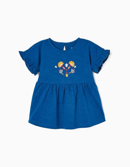 Cotton T-shirt with Flower Embroidery for Baby Girls, Blue
