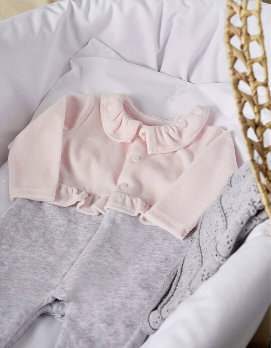 Velour Sleepsuit for Newborn Baby Girls, Grey/Pink