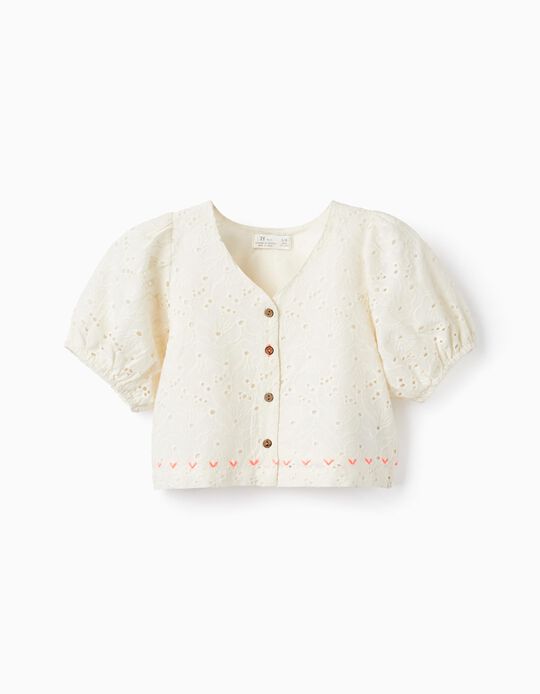 Top-Cotton Blouse with Broderie Anglaise for Girls, White