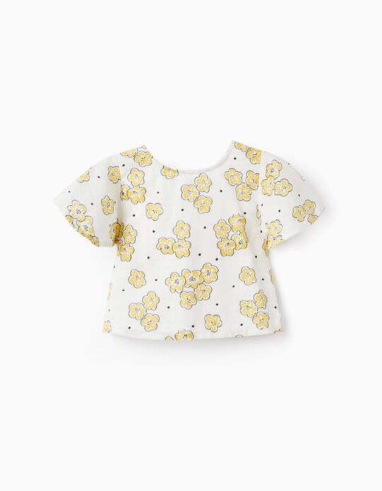 Cropped Style Blouse with Floral Pattern and Bows, White/Yellow
