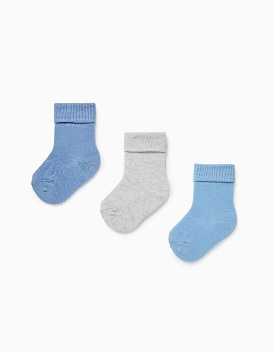 Pack 3 Pairs of Cuffed Socks for Baby Boys, Blue/Grey