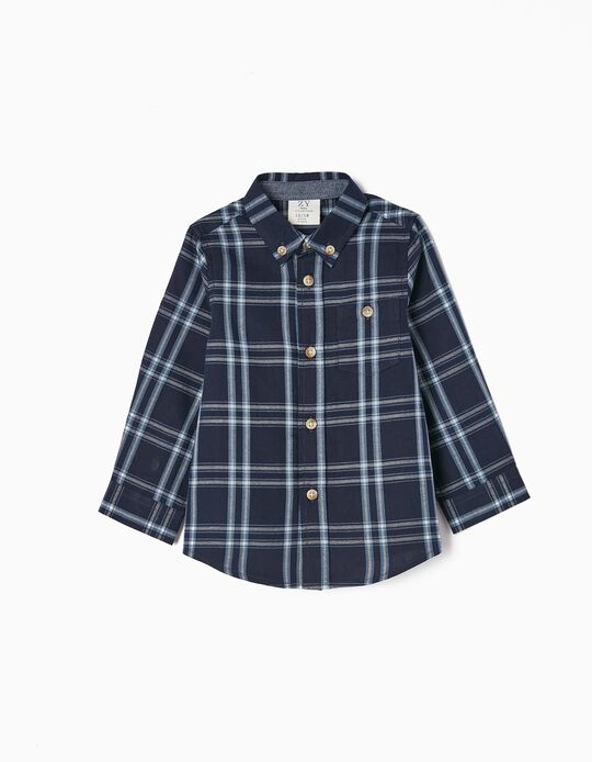 Camisa de Algodão com Xadrez para Bebé Menino, Azul Escuro