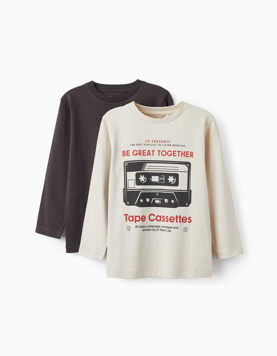 Pack 2 T-shirts de Algodão para Menino 'Tape Cassettes', Bege/Cinza Escuro