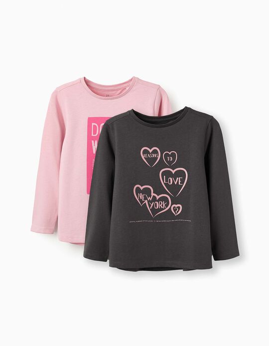 Acheter en ligne 2 T-shirts à Manches Longues pour Fille 'NYC', Rose, Gris