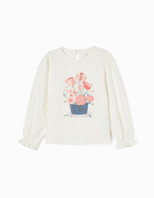 Camiseta de Manga Larga de Algodón para Niña 'Flowers', Blanca