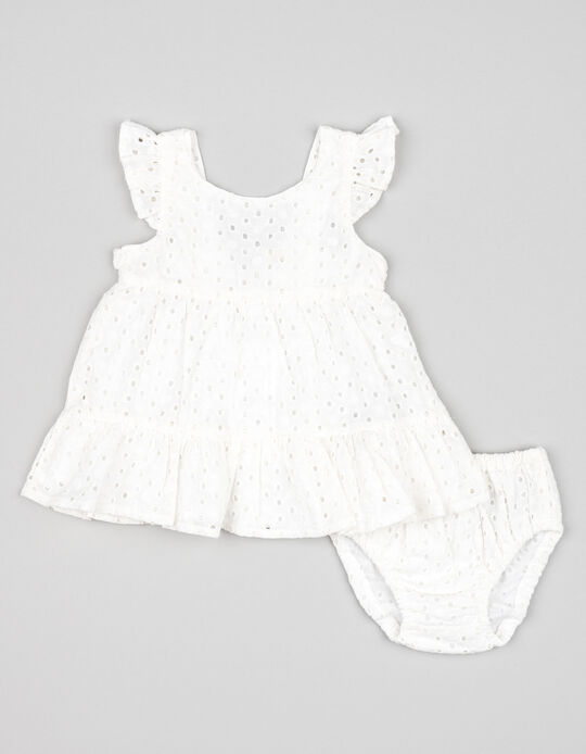 Comprar Online Vestido + Tapa-Fralda em Bordado Inglês para Recém-Nascida, Branco
