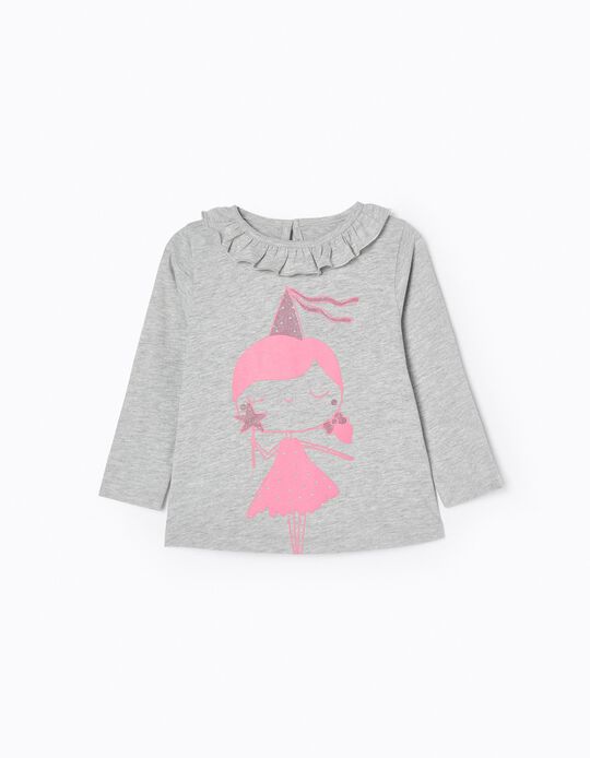 T-shirt de Manga Comprida em Algodão para Bebé Menina, Cinza/Rosa