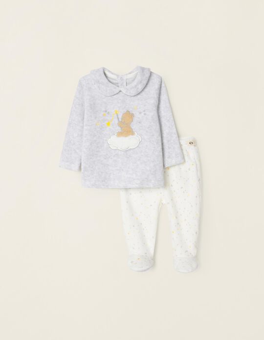 Pijama de Terciopelo para Bebé 'Teddy Bear', Blanco/Gris