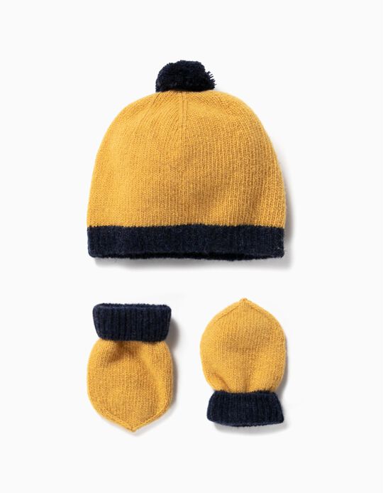 Wool Beanie and Gloves Set for Newborn, Yellow/Blue