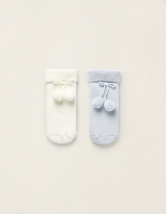 Pack of 2 Knitted Cotton Socks with Pom-Poms for Newborn, White/Blue