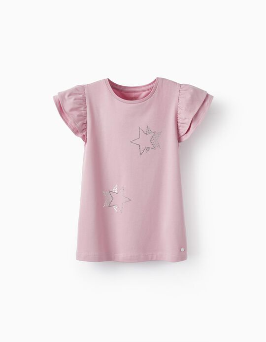 Camiseta en Jersey de Algodón con Volantes y Brillantes para Niña, Rosa