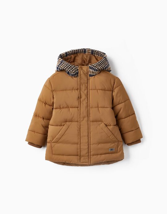 Padded Parka with Checked Hood for Baby Boys, Camel