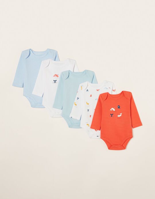 Pack of 5 Long Sleeve Bodysuits for Newborns and Babies 'Whales', Multicolour