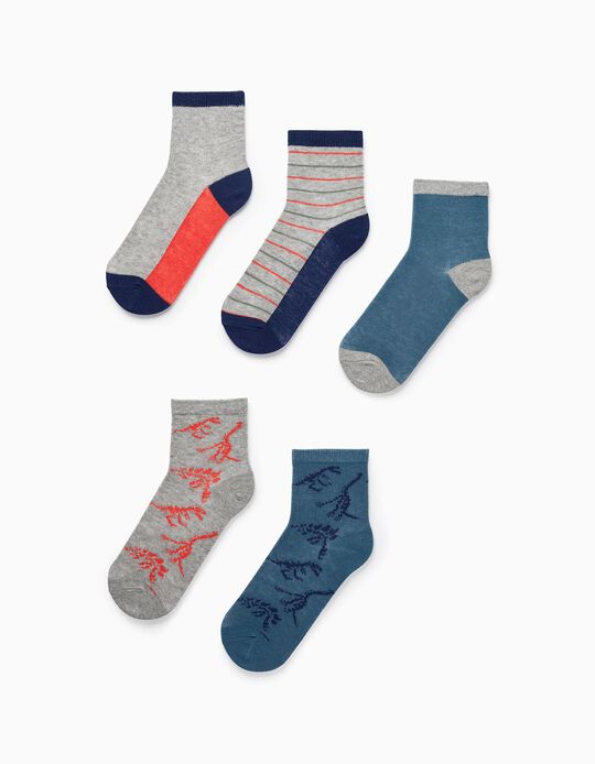 Pack of 5 Pairs of Socks for Boys 'Dinosaur', Gray/Blue