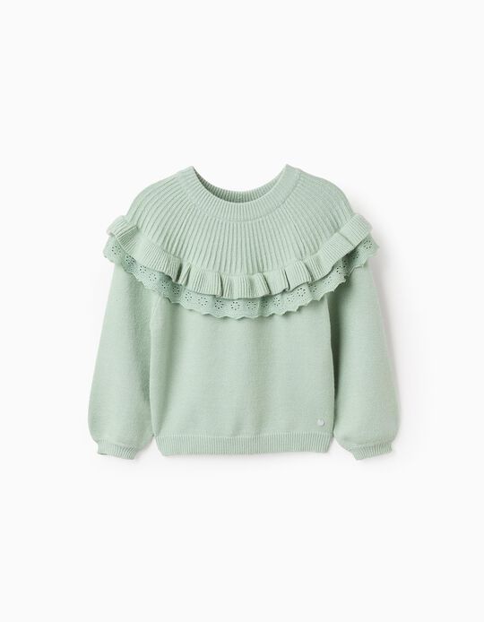 Buy Online Knitted Jumper with Ruffles and English Embroidery for Girls, Green