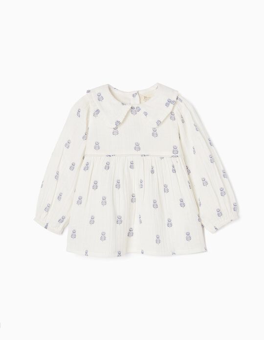 Floral Cotton Blouse for Baby Girls, White/Blue