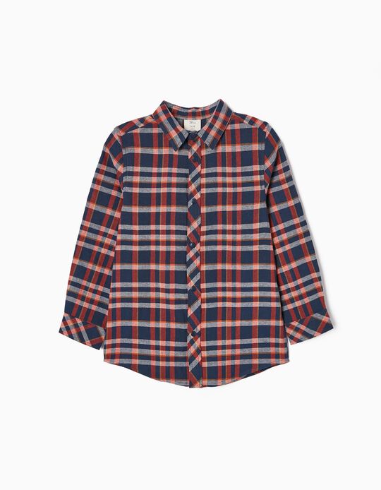 Cotton Flannel Plaid Shirt for Boys, Dark Blue/Red
