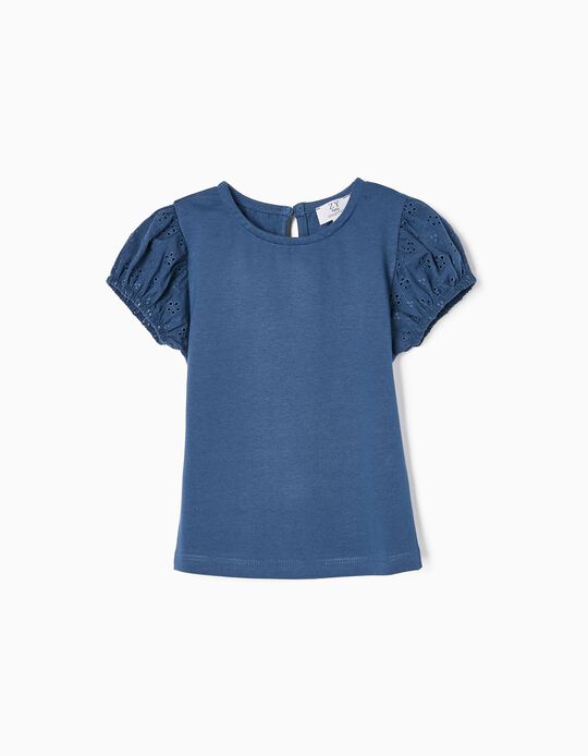 Cotton T-shirt with Broderie Anglaise for Baby Girls, Blue