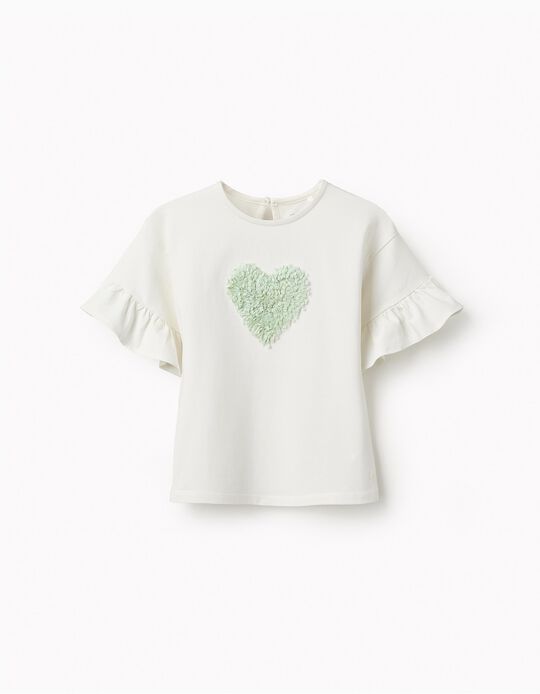 Buy Online T-shirt with Ruffle Sleeves for Girls, White/Green