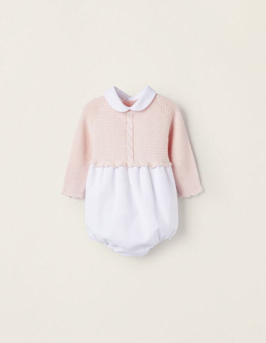 Long Sleeve Combined Bodysuit for Newborn Girls, Light Pink/White