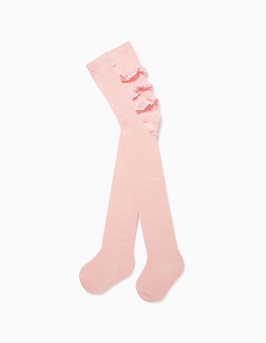 Fine Knit Tights with Broderie Anglaise for Baby girls, Pink