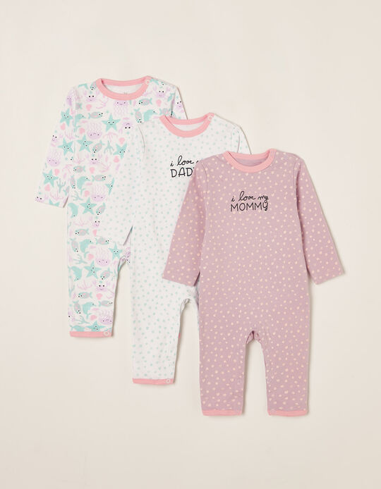 3 Sleepsuits for Baby Girls 'Mommy&Daddy', Multicoloured