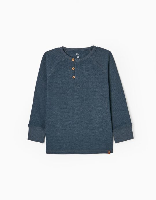 T-shirt à Manches Longues avec Texture Gaufré en Coton Garçon, Bleu Foncé