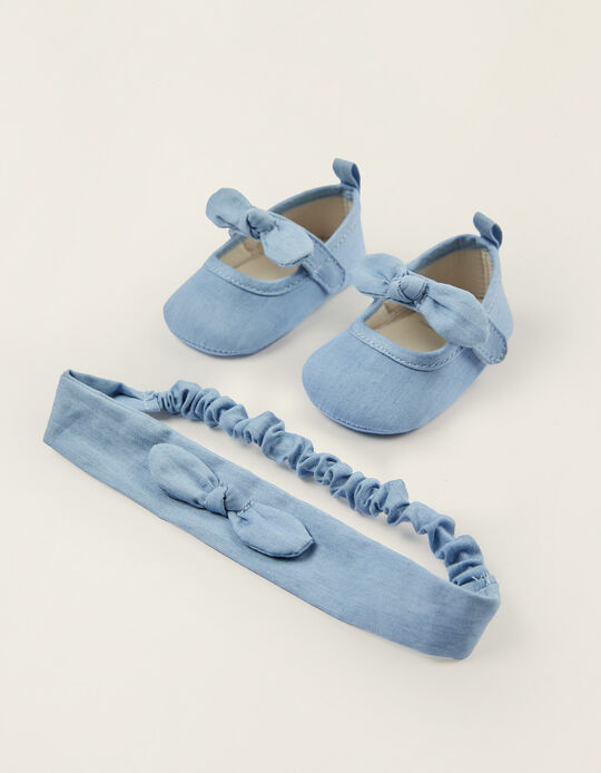 Ballet Pumps + Headband with Bow for Newborn Baby Girls, Blue