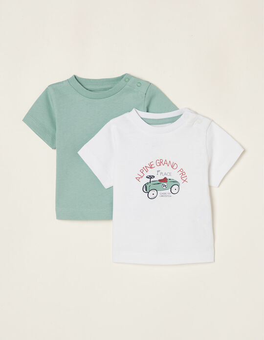 2 Camisetas de Manga Corta de Algodón para Recién Nacido 'Coche', Blanco/Verde