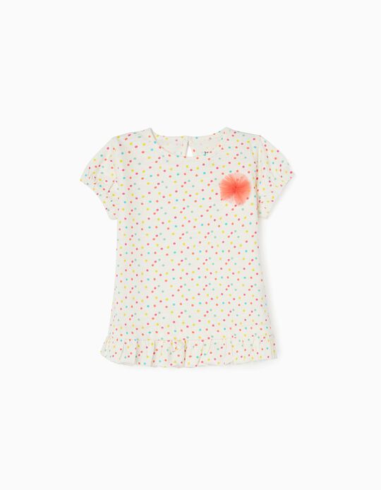 Polka-dot Cotton T-shirt for Baby Girls, White